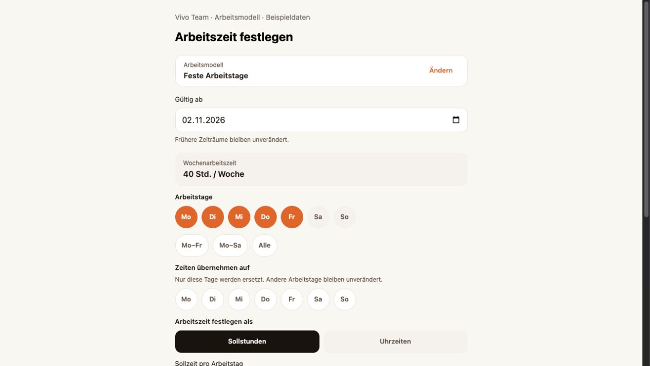 Vivo-Arbeitsmodell mit Gültigkeitsdatum, Wochenstunden und Arbeitstagen